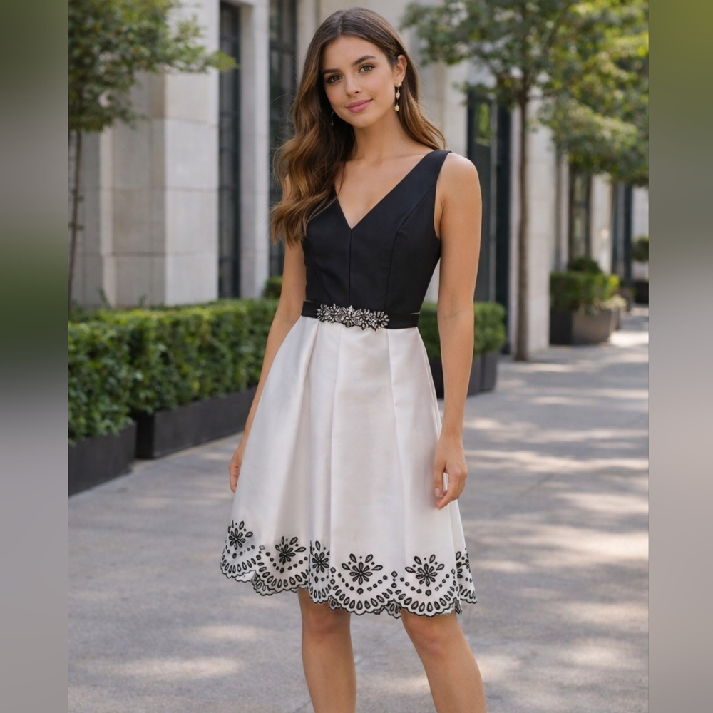 Rickie Freeman for Teri Jon Black and White Midi Dress with Floral Hem